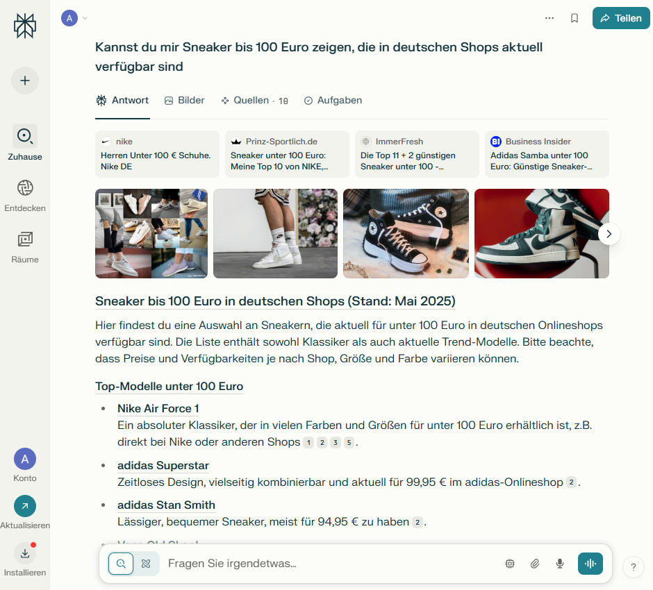 KI als Einkaufsberater wird immer populärer, auch wenn die Zahlen verglichen mit Google noch klein sind. Perpelxitiy wird gefragt: "Kannst du mir Sneaker bis 100 Euro zeigen, die in deutschen Shops aktuell verfügbar sind"