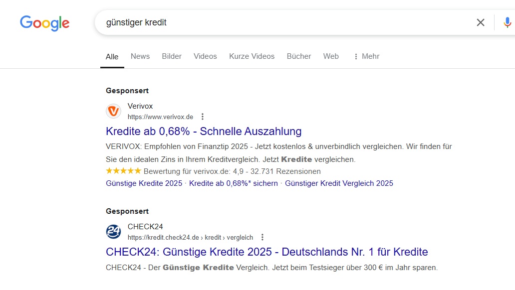 günstiger Kredit Paid Ads SERP